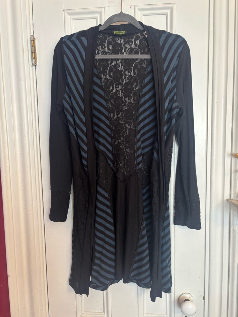 Women's Black & Blue Striped Lace-Trim Open Blazer